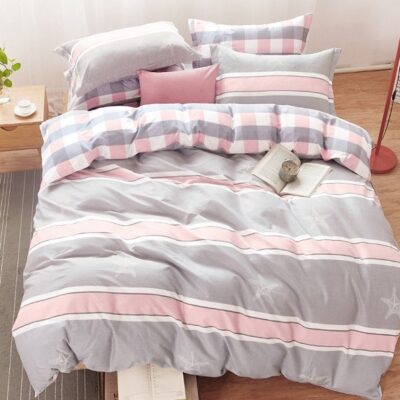 Komplet Pościeli Satyna Bawełniana Różowa Kratka