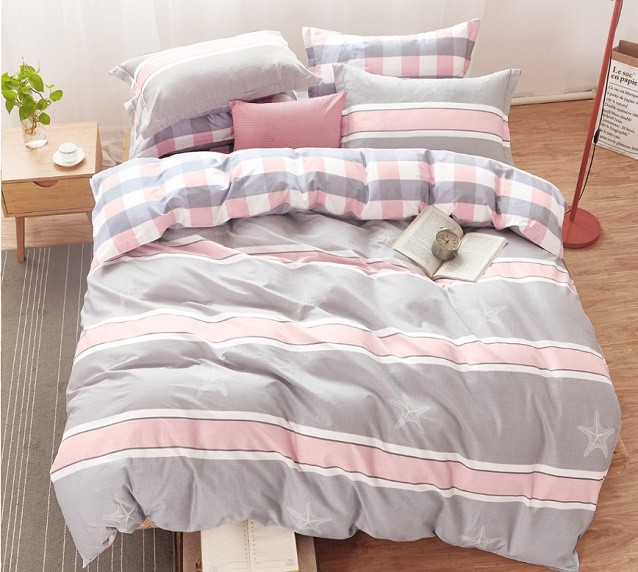 Komplet Pościeli Satyna Bawełniana Różowa Kratka