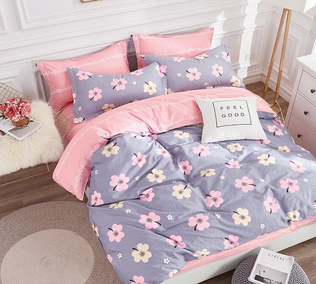 Komplet Pościeli Satyna Bawełniana w Kwiatki