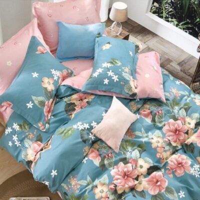 Komplet Pościeli Satyna Bawełniana w Kwiatki