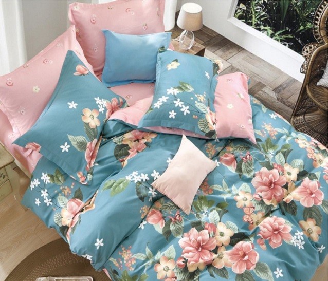 Komplet Pościeli Satyna Bawełniana w Kwiatki