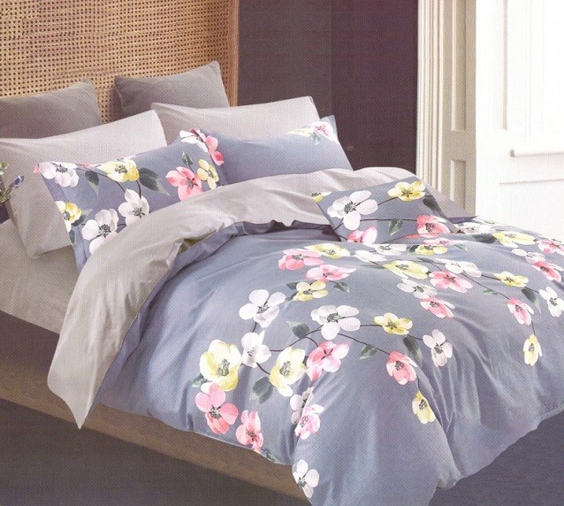 Komplet Pościeli Satyna Bawełniana w Kwiaty