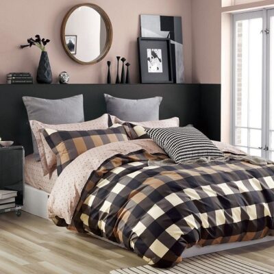 Komplet Pościeli Satyna Bawełniana Kratka