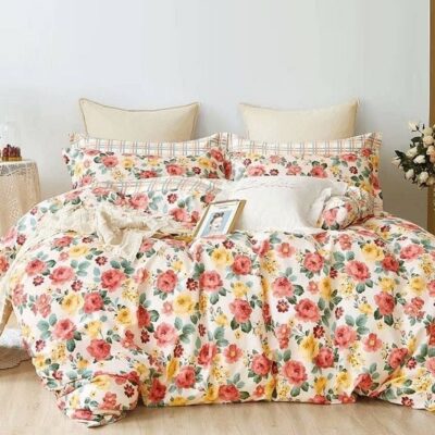 Komplet Pościeli Satyna Bawełniana w Kwiaty