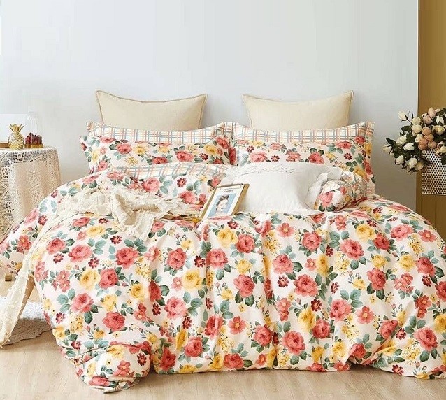 Komplet Pościeli Satyna Bawełniana w Kwiaty